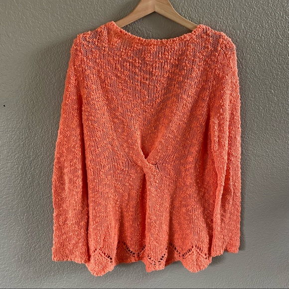 Anthropologie Yellow Bird Pointelle Sweater Coral V-neck nubby twist back hi low - Picture 5 of 11